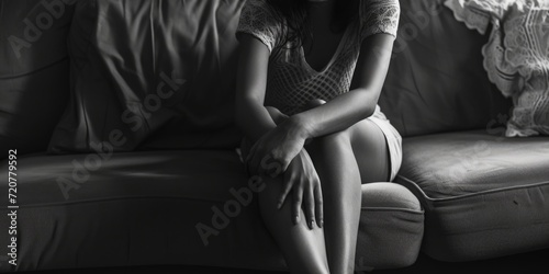 A woman sitting on a couch in a black and white photograph. Suitable for various uses