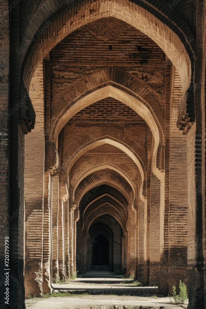 An archway in a brick building with columns. Can be used to depict architectural structures or historical sites