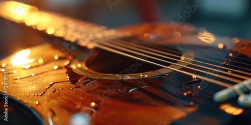 A close up view of a guitar resting on a table. Perfect for music enthusiasts or musicians looking for inspiration photo