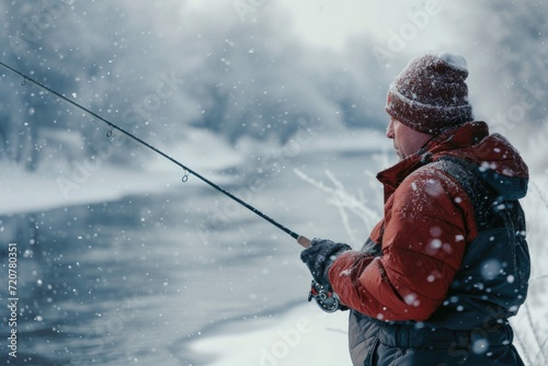 A man fishing in the snow. Suitable for outdoor activities or winter sports