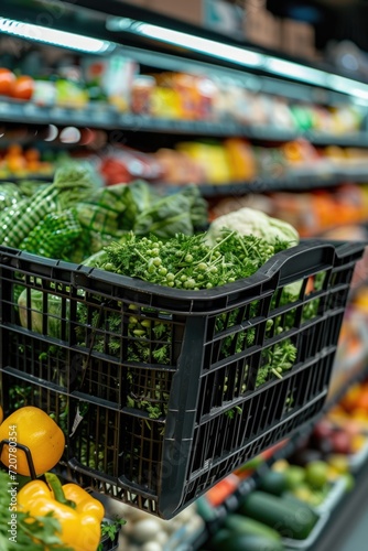A shopping cart filled with fresh and colorful vegetables, ready for purchase. Ideal for illustrating healthy eating, grocery shopping, and meal planning