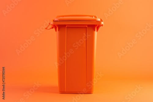 An orange trash can on a plain orange background. Suitable for concepts related to waste management and cleanliness photo