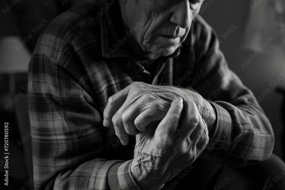 An elderly man sitting on a couch, holding his hands together in a calm and thoughtful manner. This image can be used to represent peace, contemplation, relaxation, or prayer An elderly man sitting on a couch, holding his hands together in a calm and thoughtful manner. This image can be used to represent peace, contemplation, relaxation, or prayer