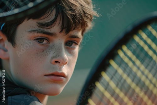 A young boy is pictured holding a tennis racquet on a tennis court. This image can be used to showcase youth sports or tennis-related themes