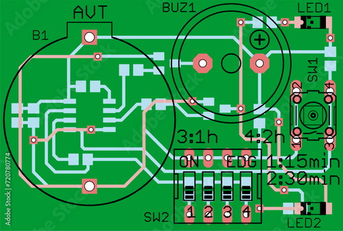 Vector printed circuit board of electronic 
device with components of radio elements, 
conductors and contact pads placed on it. 
Engineering technical drawing. Pcb template.
Electric background.
