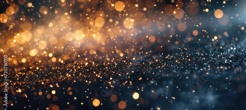 Blurry image of a dark background with gold lights. Can be used for various creative projects