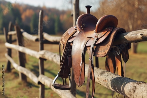 A wooden fence in a field with a saddle placed on it. Suitable for equestrian, farm, or rural-themed designs © Fotograf