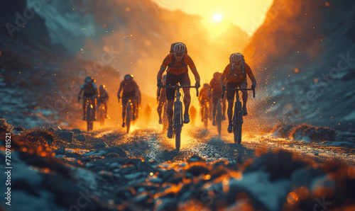 A group of mountain bikers are riding down. A group of individuals riding bicycles through a rugged mountain landscape.