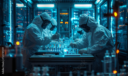 A group of scientists working. Two men in white lab coats diligently performing scientific experiments in a laboratory.