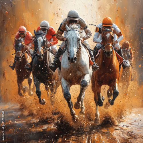 A painting that shows several horses racing down. A group of horseback riders navigate their horses through a large puddle of water in an outdoor setting. © Vadim