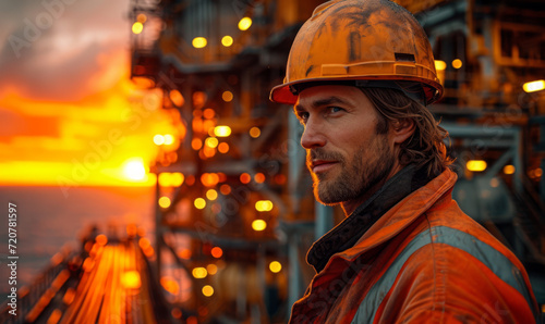 A man silhouette in an orange hard hat. A man in a hard hat stands confidently in front of an oil rig, overseeing operations.