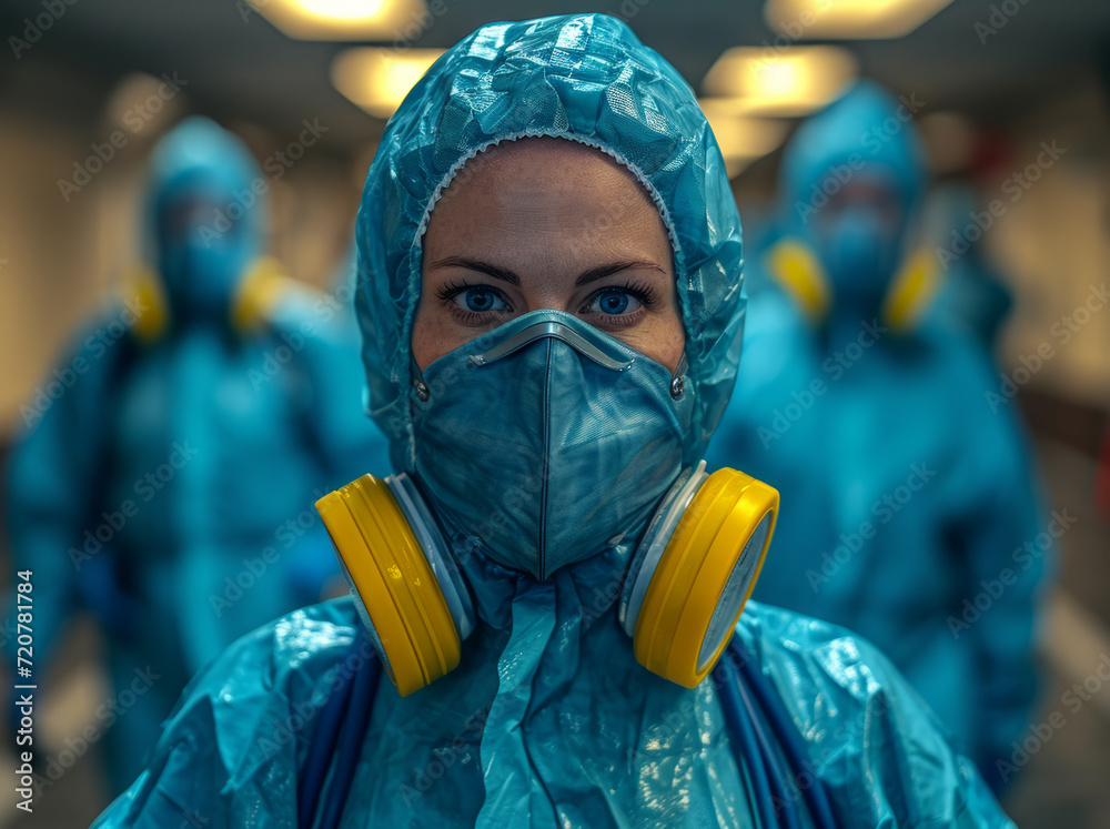 An emergency room nurse. A woman wearing a blue protective suit and yellow ear muffs standing in an industrial environment. An emergency room nurse. A woman wearing a blue protective suit and yellow ear muffs standing in an industrial environment.