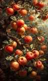 An apple tree is full of ripe apples. A vibrant painting capturing the image of a tree laden with an abundance of ripe apples.