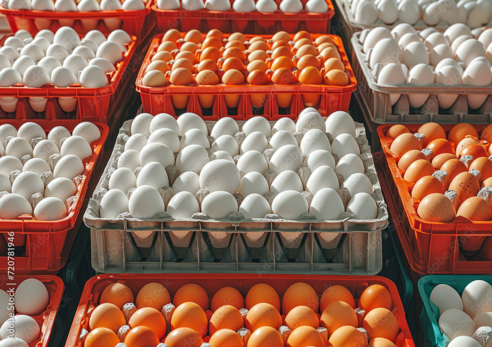 Crates filled with white and orange eggs. A photo showcasing a multitude of eggs, neatly arranged in various plastic containers.