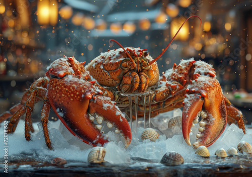 Dripping crabs lobster seafood fish. A crab with its shell covered in a layer of snow is seen resting on a table.