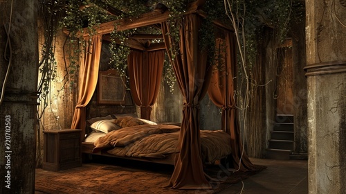 A bed canopy with a rustic woodland theme  set in a room with walls in a deep earthy brown