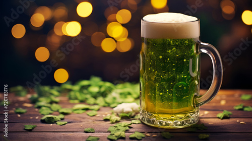 st patrick's day banner for bar, glass of green ale on wooden board with space for text