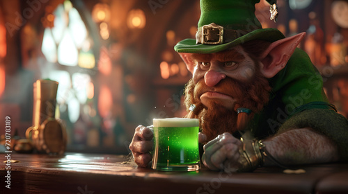 banner or card for st. patrick's day, red smiling leprechaun in a green hat with a mug of green ale looking at the camera in a bar photo