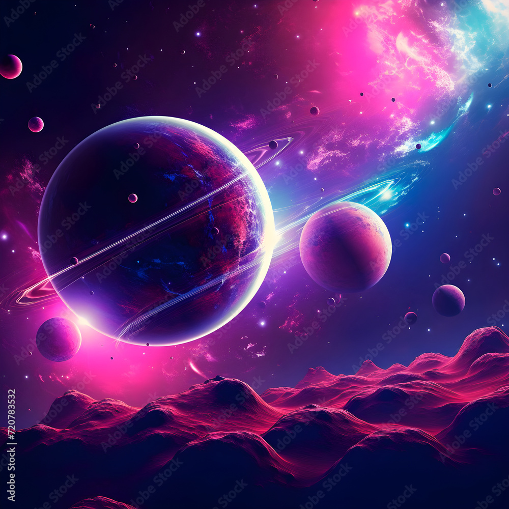 
Pink space view, mystical space landscape, bright planets, orbital moons and stars against the background of a rainbow galaxy and nebula