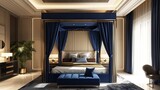 A luxurious bed canopy in deep royal blue, complemented by a room with light beige walls and contemporary decor