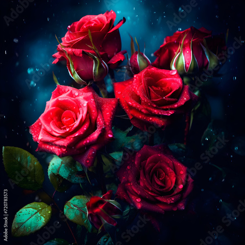 Bouquet of red roses with water drops on a dark background
