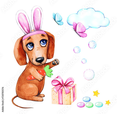 Cute dachshund dog with Easter bunny ears with gift box, butterflies, candies, cloud, stars, carrot