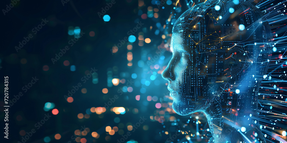 human on a network with a digital design background, in the style of robotic motifs human on a network with a digital design background, in the style of robotic motifs