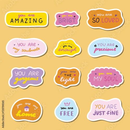 Set of stickers with cute inspirational and compliment quotes for planners, notebooks. Ready for print list of cute stickers. Handwritten lettering love and motivational phrases