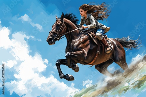 Happy young girl jumping on a majestic horse with space for text in beautiful outdoor scenery © chelmicky