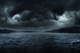 night landscape, dark dramatic stormy sky with cumulus clouds over forest and river, for abstract background