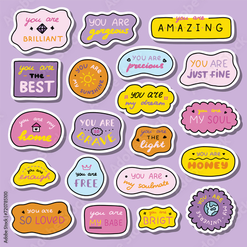 Set of stickers with cute doodle inspirational and compliment quotes for planners, notebook. Ready for print list of cute stickers. Handwritten lettering love and motivational phrases