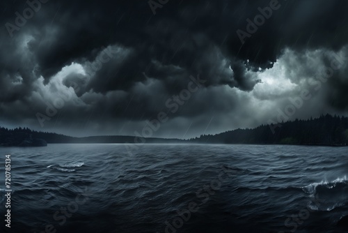 night landscape, dark dramatic stormy sky with cumulus clouds over forest and river, for abstract background