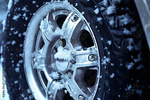 a car wheel closeup on the background of a winter snow covered road, concept of traffic safety on a slippery road