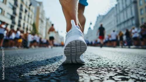 A runner's shoes hitting the pavement on a busy city street during a marathon generative ai
