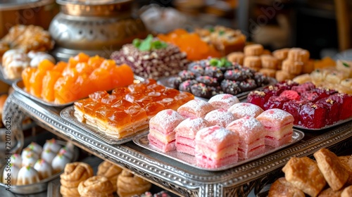 Display of various Middle Eastern sweets like baklava and Turkish delight, arranged elegantly on an silver platter, natural lighting emphasizing the textures and colors photo
