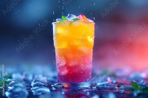 Glass of Sherbet, a traditional oriental sweet drink, with vibrant colors and served with ice, showing the condensation on the glass.