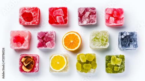 Top view of multi colored Turkish delight Rahat Lokum assortment. White background. Delicious oriental sweets. Colorful sweet backdrop. photo