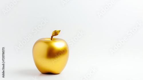 Shiny golden apple made of gold on white  symbolizing luxury and success  ideal for upscale branding and sophisticated graphic themes. Banner with copy space