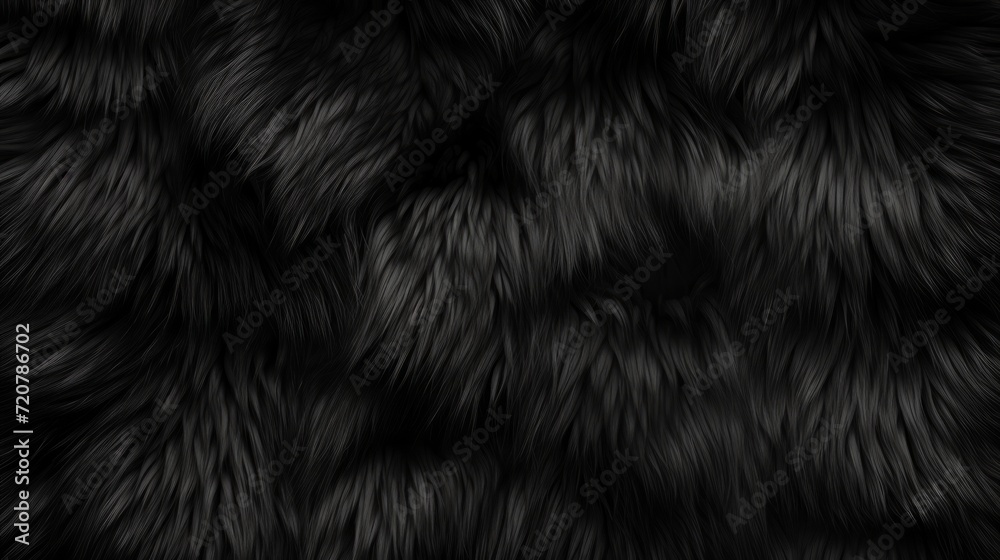 Deep black luxurious fur texture. Fur of black cat, puma, panther, fox, arctic fox, dog, bear, wolf. Animal skin design. Concept of luxury, softness, coziness, fashion background, monochrome elegance. - obrazy, fototapety, plakaty 