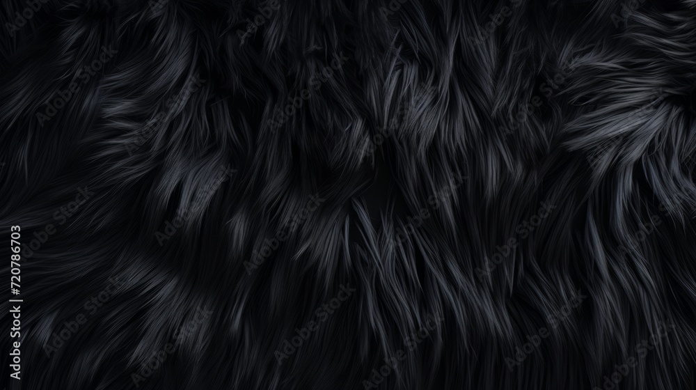 Deep black luxurious fur texture. Fur of black cat, puma, panther, fox, arctic fox, dog, bear. Animal skin design. Concept of luxury, softness, coziness, fashion background, monochrome elegance. - obrazy, fototapety, plakaty 