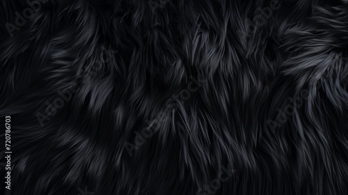 Deep black luxurious fur texture. Fur of black cat, puma, panther, fox, arctic fox, dog, bear. Animal skin design. Concept of luxury, softness, coziness, fashion background, monochrome elegance. photo