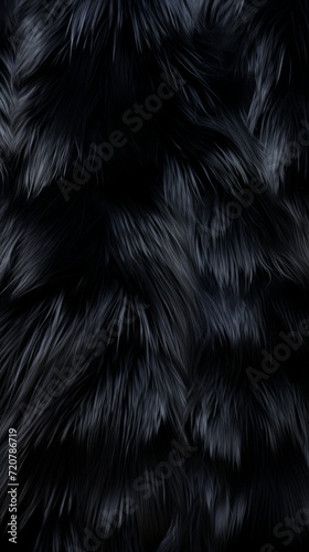 Deep black luxurious fur texture. Fur of black cat, puma, panther, fox, arctic fox, dog, bear. Animal skin design. Concept of softness, coziness, fashion background, monochrome elegance. Vertical