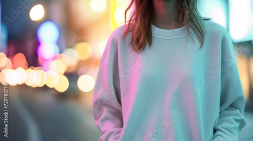 Woman wearing a clean white sweatshirt. On a light blurred background. Outdoors. Sweatshirt Mockup. Concept of urban fashion, street style, template for design photo