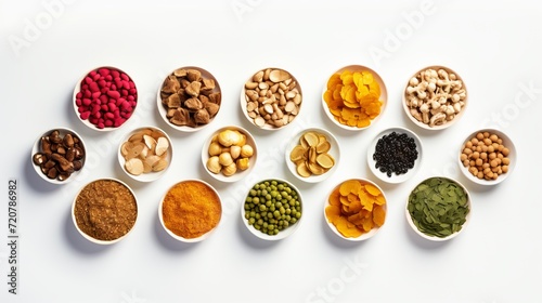 Top view of various superfoods and spices in bowls on a white background. Top view