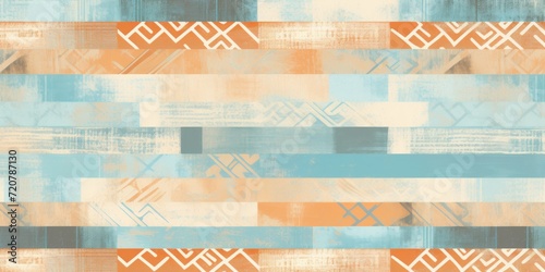 Sky blue, apricot, and taupe seamless African pattern, tribal motifs grunge texture on textile photo