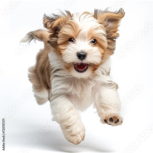 small terrier pup jumping in the studio on a white background