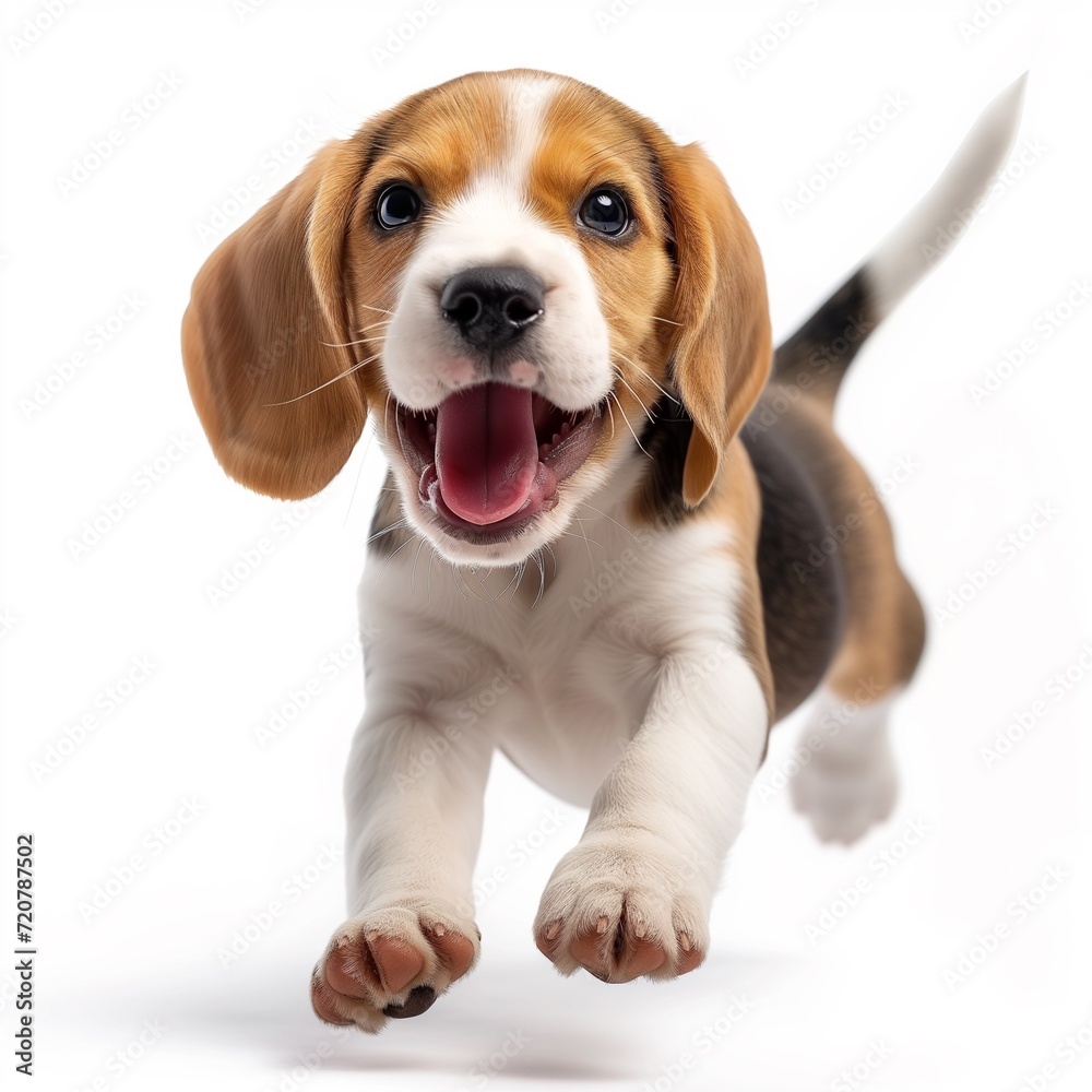 cute beagle puppy jumping on white background