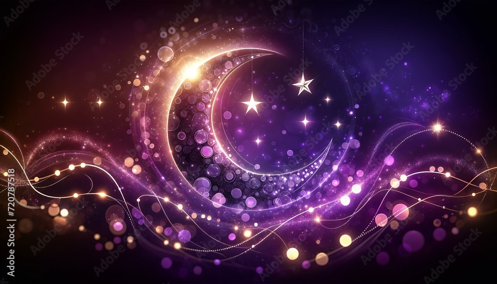 Enchanting Abstract Cosmic Background with Crescent Moon and Stars, Fantasy Concept