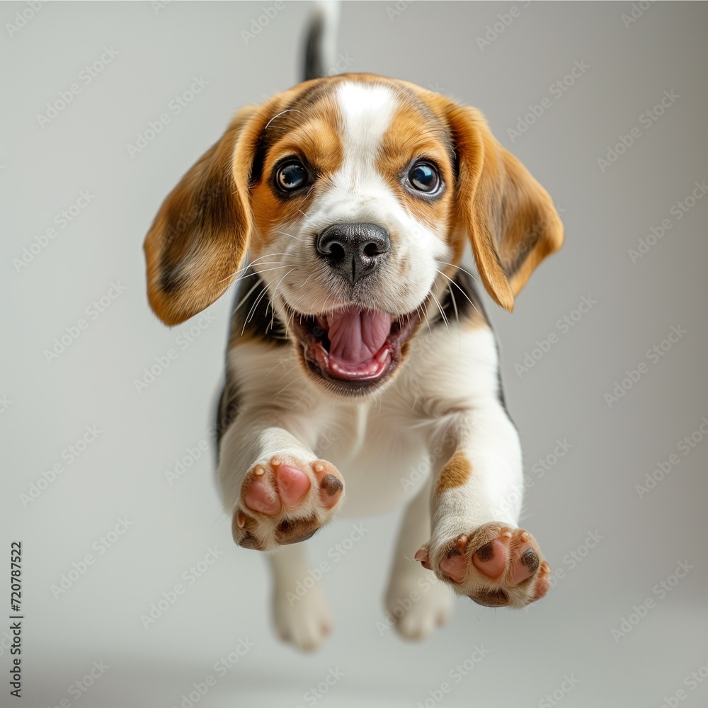 cute beagle puppy jumping on white background