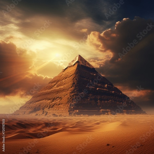 A pyramid in the desert with clouds in the background